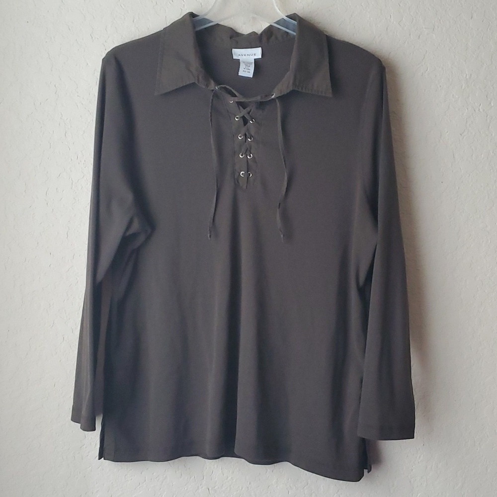 Avenue plus size ribbed long sleeve lace up olive green top 22/24